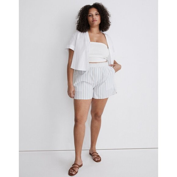 Madewell Cotton Poplin Pull-On Shorts Women's Sz Large Weathered Sky Blue Stripe - Picture 10 of 16